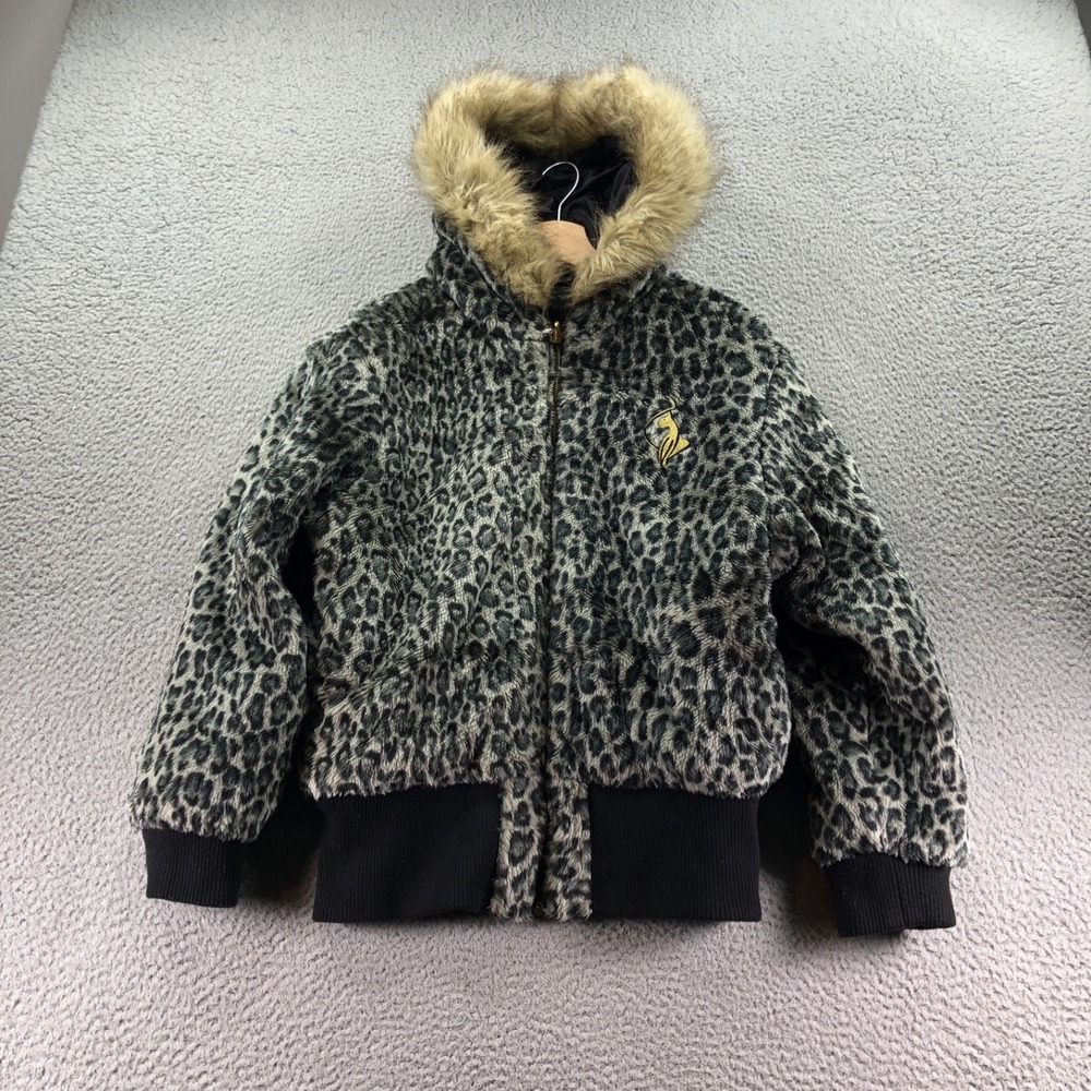 VTG Baby Phat Jacket XL Y2K  Black Reversible Leopard Faux Fur Hooded Bomber